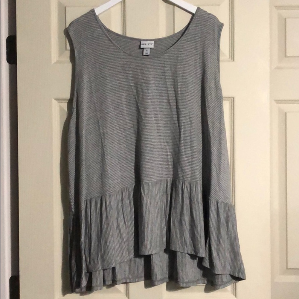 Gray and white striped sleeveless top.